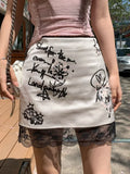 KYLETHOMASW  -  Harajuku Graffiti Letter Print Mini Skirts Women Silvery Color Stain Skirt with Lace Sexy Girl Streetwear Summer Bottoms