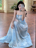 KYLETHOMASW  -  Holiday Beach Vintage Printed Backless Long Blue Dress Women Summer Spaghetti Strap Elegant Fairy Dress Evening Party Dresses