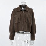 KYLETHOMASW  -  Fashion Lapel Collar Zipper Jacket Women's Casual Solid Suede Full Sleeve Coat 2025 Lady Autumn Chic High Street Outwear