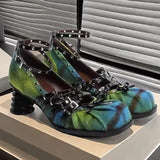 KYLETHOMASW  -  Gradient Colors Square Toe Spiral Heel Mary Jane Pumps Bow Multi-Buckle Strap Lolita Shoes Ballet Shoes for Party & Daily Wear