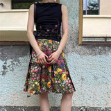 KYLETHOMASW  -  Y2k Vintage Floral Print Skirt Summer New Elastic Waist Sweet A-Line Pleated Skirt Women Casual Holiday Knee-Length Skirts 071A