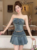 KYLETHOMASW  -  Vintage Denim Slim 2 Piece Set Summer Women Y2K Sexy Strapless Short Crop Tops And Pleated Mini Skirt Streetwear Outfit Casual