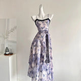 KYLETHOMASW  -  Sweet Butterfly Printed Irregular Rose Waist Slimming Strap Camisole Dress Summer Retro A-line Long Dress for Women