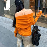 Kylethomasw Vintage Backless Pleated Orange Casual Long Sleeve Women Autumn New Streetwear Sexy Slim All Match Knitted Tops