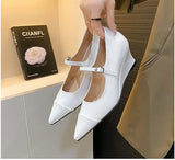KYLETHOMASW  -  New Fashion Designer Shoes Silver Pointed Toe High Heels Wedge Heel Pumps Buckled Mary Janes Formal Shoes T Stage Catwalk Shoes