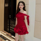 KYLETHOMASW  -  Christmas Party Style Red Dress Woman Skew Collar Off Shoulder Shape Waist Ruched Fluffy Hem Elegant Fashion Mini Bodycon