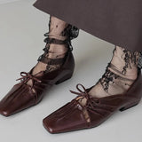 KYLETHOMASW  -  Women Pleated Hollow Mary Jane Style Shoes with Bow Design Flat Shoes Square Toe Casual Comfortable Outdoors Women Shoes Fashion
