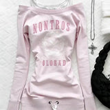 KYLETHOMASW  -  Y2K Style Women's Pink Fake Two-Piece Sweatshirt Off Shoulder Letter Graphic Slim Fit Top American 2000s Grunge Sweet Girls