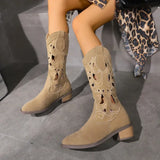 Kylethomasw   - Women Mid-Calf Western Boots Heels Embroidery Hollow Cowboy Boots for Women  Autumn Winter Fashion Leather Boots Zapatos Mujer