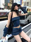 KYLETHOMASW  -  American Retro Denim Strapless Backless Y2k Crop Top Low-waisted Cargo Shorts Streetwear 3 Piece Sets Womens Outifits