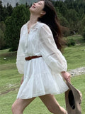 Kylethomasw New Summer White Short Dresses For Women Lantern Sleeve With Belt Casual Mini Dress Elegant French Style Shirt Vestidos 2024
