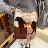 KYLETHOMASW  -  Japan Retro Pony Print Knee Length Skirts Women Summer Holiday Simple Daily High Waist Thin Office Work A-line Skirt Runway 004B