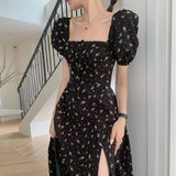 KYLETHOMASW  -  Women Summer Fashion Floral Print Square Collar Lace-up Elegant Party Dresses Sweet Chic Short Sleeve Slim Fairy Midi Dress Robe