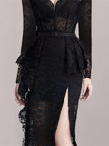 KIylethomasw Sexy Club Sleeveless V-Neck High Waist Women Black Lace Female Vintage Ruffles Split Summer Evening Party Dress With Belt