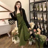 KYLETHOMASW  -  Spring 2PCS Sexy Spaghetti Strap Dress + Cardigan Suit for Women Korean Slim Fit Temperament Elegant Vacation Long Dress