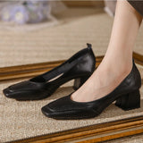 KYLETHOMASW  -  High Heels Women's Spring Summer Square Head Shallow Mouth Medium Heel Pumps Women's Thick Heel Soft Leather Commuter Work Shoes