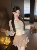 KYLETHOMASW  -  French Apricot Double-layer Lapel Long-sleeved Shirt for Women in Autumn Lace Fitted Waist Shirt
