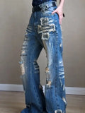 KYLETHOMASW  -  Heavy Flare High Waist Slim Denim Jeans Women All-match Streetwear Hip Hop Vintage Pants Hole Personalized Fashion Sweatpants
