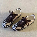 KYLETHOMASW  -  Autumn New Zebra Stripes Flats Sports Shoes Women Leather Patchwork Breathable Sneakers Casual Lace Up Comfort Running Shoe