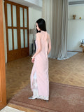 KYLETHOMASW  -  New Chinese Style Stand Collar Cheongsam Lace Pink Dress Slim Waist Long Skirt