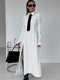 Kylethomasw Side Slit Long Dress For Women White Elegant Turn Collar Tie Midi Dresses Femme  New Street Loose Slender Dress Woman