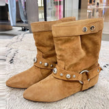 KYLETHOMASW  -  Autumn Winter Women's Brown Western Boots Fashion Metal Belt Rivet Buckle Casual Flat Shoes Ankle Booties Zapatos De Mujer