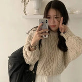 KYLETHOMASW  -  Women Thick Twisted Sweater Autumn Long Sleeve O-neck Female Vintage Knitted Pullover Solid Casual Loose Lady Kintwear Tops T587