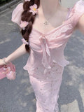 KYLETHOMASW  -  French Style Elegant Party Strap Long Dress Women Beautiful 3D Floral Spaghetti Dresses Seaside Vacation Pink Fitted Outfits New