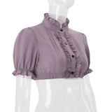 KYLETHOMASW  -  Korean Sweet Ruffle Collar Puff Sleeve Crop Blouse Women Thin Lightweight Casual Daily Shirt