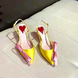 KYLETHOMASW  -  Yellow Pointed Toe Bowknot Satin Cat Heel Sandals Woman Summer 2025 Heart Color Matching Buckle Strap Closed High Heel Shoes