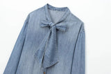 KYLETHOMASW  -  Minimalist Women's Blouse Bow Denim Shirt Fashionable And Elegant Casual Commuting Long Sleeved Shirt Pull Tops