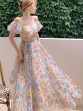 KYLETHOMASW  -  Women's French Puff Sleeves Floral Long Dress Summer Korean Fashion Cool and Breathable Bare Shoulder Vestidos Robe