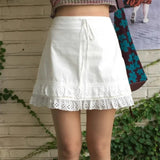 KYLTHOMASW  -  Streetwear Lace-up Pleated Solid Color A-line Skirt Women 2024 Summer New High Waist Lace Splicing Hollow Out Sexy Mini Skirt