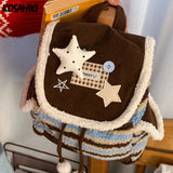 KYLETHOMASW  -  Patchwork Fur Striped Star Mini Backpack Preppy Women Kawaii Fluffy Students Schoolbags Y2k Harajuku Contrast Color Backpacks