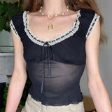 KYLETHOMASW  -  Summer Sexy Tank Women New Fashion Ribbons Sexy Mesh Lace Partywear Black Tank Elegant Casual Slim Tank Female Knitted Camisole