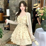 KYLETHOMASW  -  Summer 2PCS Sexy Spaghetti Strap Print Mini Dress for Women Korean Fashion Slim Fit and Slimming Temperament Elegant Dress
