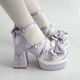 KYLETHOMASW  -  Lovely Girls Lolita High Heels Platform Shoes ,Young Women Students Sweet Pearl Lace Bowknots Embroidery Ankle Strap Mary Janes