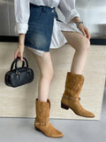 KYLETHOMASW  -  Retro Rivet Belt Buckle Ankle Boots Women Fashion Metal Chain Chunky Heel Designer Boots High Quality Faux Suede Mid Calf Boots