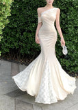 KYLETHOMASW  -  French Women Beige Patchwork Lace Elegant Sexy Backless Slanted Shoulder Long Dresses Summer Vacation Party Fishtail Dress Trend