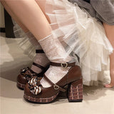 KYLETHOMASW  -  Sweet Girls Lolita High Heels Platform Shoes ,Young Women Students Cute Chocolate Candy Bowknots Ankle Strap Mary Janes