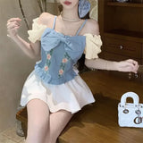 KYLETHOMASW  -  New Heavy-industrial Denim Design Three-dimensional Embroidered Sweet Suspender Slim Top