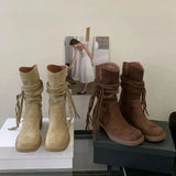 KYLETHOMASW  -  Brown Suede Boots Woman Round Toe Chunky Heels Boots Fall Winter Black  New Rocks Shoes Botas Western Cowboy Feminina