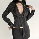 KYLETHOMASW  -  Elegant Striped Shirts Women Y2K Fashion Sexy Cropped Lace V Neck Blouses Office Ladies Korean Long Sleeve Design Tops New