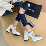 KYLETHOMASW  -  Red Patent Leather Mary Jane Pumps for Women Strap Buckle Chunky High Heels Shoes Woman Platform Pump Burgundy Party 43