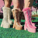 KYLETHOMASW  -  New Winter Women Snow Boots Platform Wedge High Heel Faux Fur Lady Shoes Female Plush Warm Non-slip Mid Calf Boots Goth Shoes