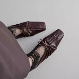 KYLETHOMASW  -  Women Pleated Hollow Mary Jane Style Shoes with Bow Design Flat Shoes Square Toe Casual Comfortable Outdoors Women Shoes Fashion