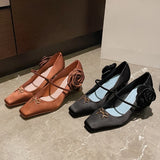 KYLETHOMASW  -  Novelty Side Flower Design Chunky Heel Pumps Women Elegant Sexy Bow Decoration Square Toe High Heels Black Mary Jane Shoes