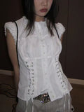 KYLETHOMASW  -  Casual Sweet White Slim Lace T-Shirts Designer Patchwork Hot Girl O-neck Sleeveless Tees Women Vintage Kawaii Fashion Shirt