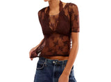 KYLETHOMASW  -  New Spring and Summer Bottoming Shirt Small Floral Mesh See-through Sexy Round Neck Short-sleeved Lace Shirt for Women