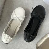 KYLETHOMASW  -  Women's Soft Leather Bow Ballet Flats Ruched Opening Round Toe Slip-on Flat Shoes Comfy Ladies Office Daily Walking Footwear